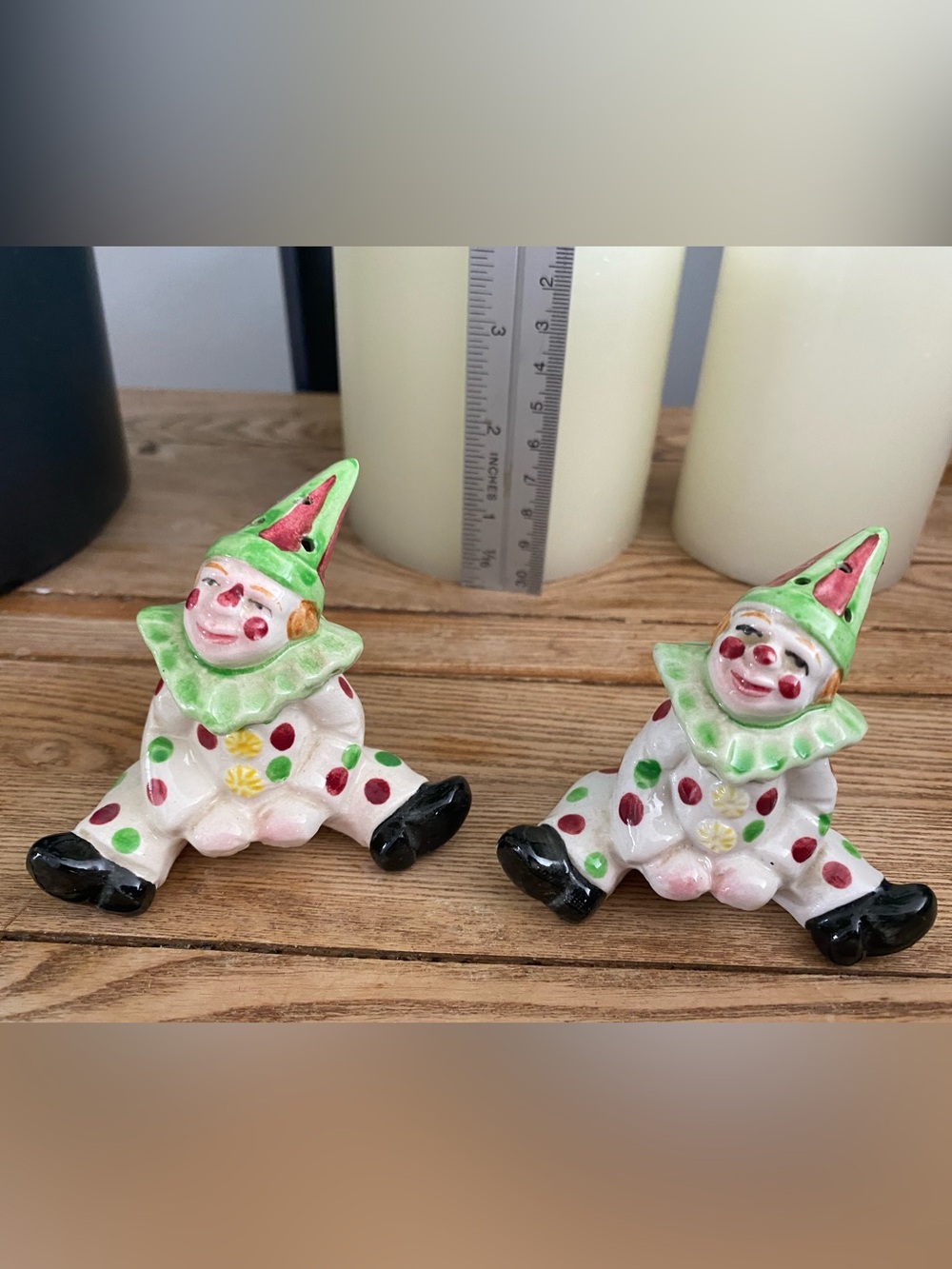 Vintage Mid-Century Sitting Pierrot Clown Salt & Pepper Shakers Polka Dot Japan